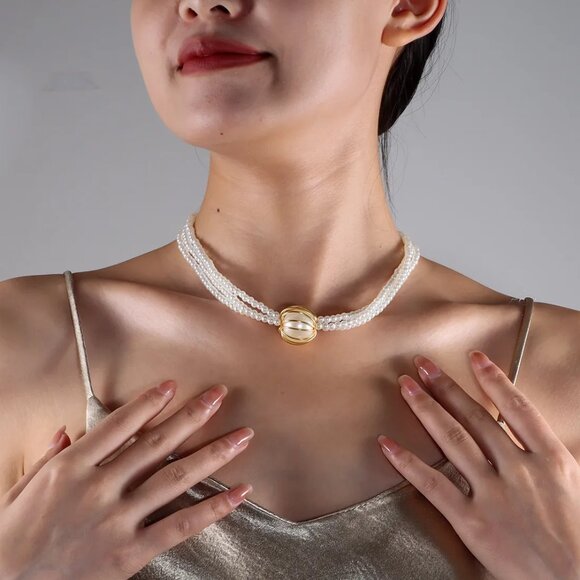 3/$35 Elegant Multi-Strand Faux Pearl Choker Vintage Style Gold Ball Bead Bride - Picture 7 of 10